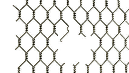 3D render of Opening in metallic fence isolated on white, steel grid or net with hole, Broken wire fence