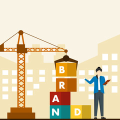 vector concept box brand building with construction machine. Crane and build a brand. Infographic Templates. Vector Illustration.