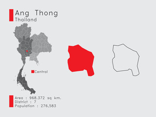 Ang Thong Position in Thailand A Set of Infographic Elements for the Province. and Area District Population and Outline. Vector with Gray Background.