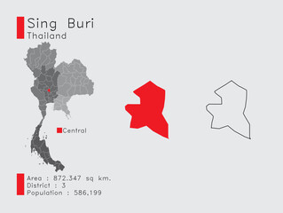 Sing Buri Position in Thailand A Set of Infographic Elements for the Province. and Area District Population and Outline. Vector with Gray Background.