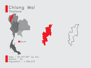 Chiang Mai Position in Thailand A Set of Infographic Elements for the Province. and Area District Population and Outline. Vector with Gray Background.