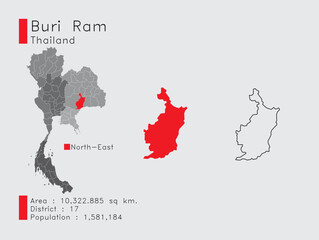 Buri Ram Position in Thailand A Set of Infographic Elements for the Province. and Area District Population and Outline. Vector with Gray Background.