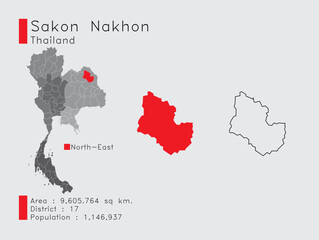 Sakon Nakhon Position in Thailand A Set of Infographic Elements for the Province. and Area District Population and Outline. Vector with Gray Background.