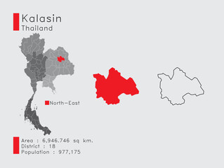 Kalasin Position in Thailand A Set of Infographic Elements for the Province. and Area District Population and Outline. Vector with Gray Background.