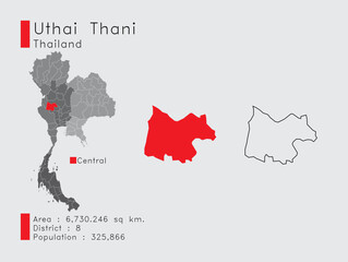 Uthai Thani Position in Thailand A Set of Infographic Elements for the Province. and Area District Population and Outline. Vector with Gray Background.
