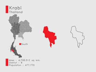 Krabi Position in Thailand A Set of Infographic Elements for the Province. and Area District Population and Outline. Vector with Gray Background.