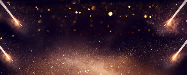 background of abstract black and gold glitter lights with fireworks. defocused
