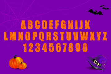 Alphabet in scary bloody letters with red blood blots and splashes. Vector set of letters and numbers with uneven torn edge on dark purple background. Halloween font for headline, poster, label, logo