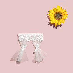 Lace curtain and sunflower, a creative arrangement on pastel pink background. An open window and a sunny day idea. 