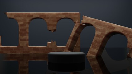Product display - 1 item, black stand, ruined brick wall, black water