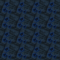 Antique Dark Navy Blue Floral Repeating Pattern Tile Vintage Flower Seamless Pattern with Sheet Music