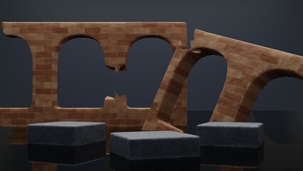 Product display - 3 items separated, concrete stand, ruined brick wall, black water