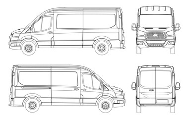 Van vector template for car branding and advertising. Light commercial van. Ford transit blueprint. Delivery truck template. Blank commercial truck. - obrazy, fototapety, plakaty