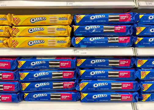 Alameda, CA - Sept 29, 2022: Grocery store shelves with packages of OREO brand cookies for sale. Pumpkin creme and double stuff chocolate.