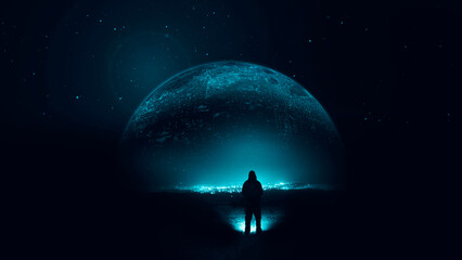 A science fiction concept of a man looking up at a glowing alien planet in the night sky.