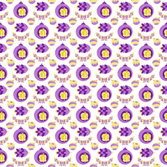Christmas pattern1. Christmas, New Year's balls, cones, bows on a branch. Yellow and purple colors. Vector cartoon color illustration. 