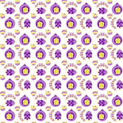 Christmas pattern5. Christmas\New Year's balls, cones, bows on a branch. Yellow and purple colors. Vector cartoon color illustration.