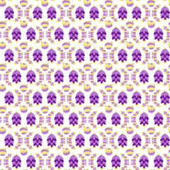 Christmas pattern7. Christmas\New Year's balls, cones, bows on a branch. Yellow and purple colors. Vector cartoon color illustration.