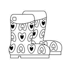 Boots. Boots, felt boots with a pattern of hearts. Cartoon vector black and white illustration.