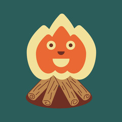 Campfire cute. A cute, joyful, smiling campfire with eyes and a nose. Cartoon vector color illustration.