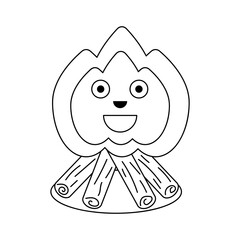 Campfire cute1. A cute, joyful, smiling campfire with eyes and a nose. Cartoon vector black and white illustration.