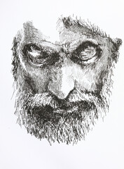Old man with a mustache - illustration. Detailed drawing of an old sad man with a mustache and beard, drawn by a liner.