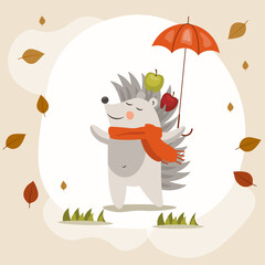 Obraz na płótnie Canvas Cute hedgehog wearing a scarf with orange umbrella. Autumn cartoon illustration.