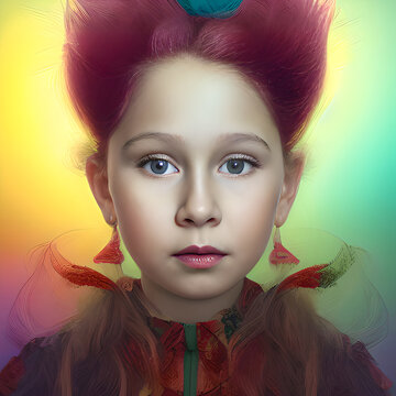 Fantasy Portrait Of A Young Fairy Queen With Pink And Blue Hair. Fantasy Art, Digital Painting With Custom Trained AI Models. 