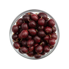 fresh red gooseberry in glass bowl isolated on white background, top view