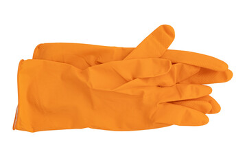 pair of orange rubber or latex gloves for household chores