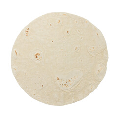 wheat round tortilla or pita lavash round flat bread from above, isolated on white background