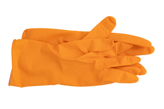 pair of orange rubber or latex gloves for household chores
