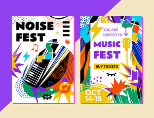 2 Abstract Musical Festivals Templates. Modern, bright, eye-catching design. Perfect as a poster, outdoor advertising, also for social networks and much more. Size A4. Vector illustration.