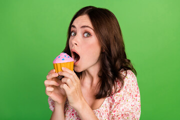 Closeup photo of young funny cute attractive pretty woman wear pink summer top eating excited muffin cake cheat meal isolated on green color background