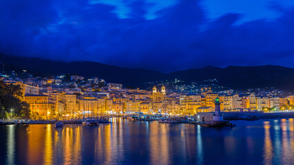 Old town and port of Bastia on Corsica at blue hour