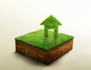 Green bush symbol in the shape of a house on cubicle soil and geology cross section with green...