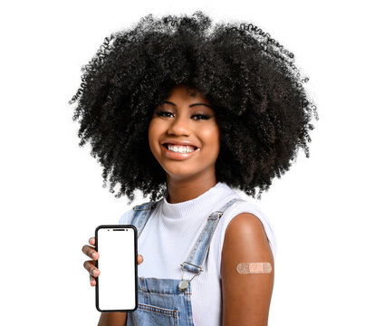 Teen Girl Without Face Shield Holds The Cell Phone Close To Her Arm With The Vaccine Sticker, Fully Immunized,  Cell Phone Screen