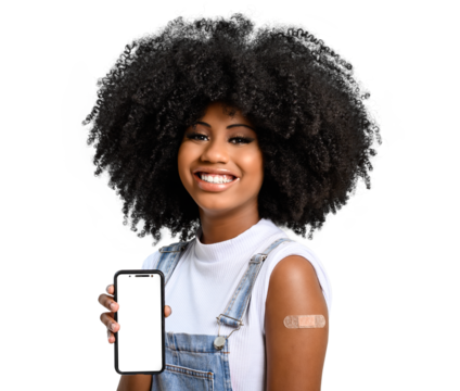 teen girl without face shield holds the cell phone close to her arm with the vaccine sticker, fully immunized,  cell phone screen