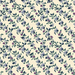 Vintage Dusty Blue & Cream Floral Seamless Pattern Background with Shabby Cottage Chic Stamped Flowers Repeating Design with Texture on Old Paper
