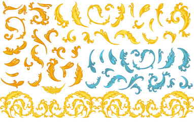 A collection of vintage floral golden, blue design elements with