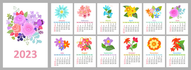 Design of wall monthly calendar for the year 2023, the week star