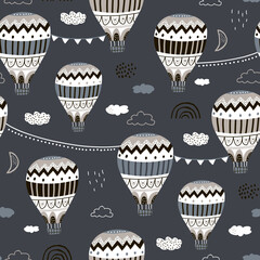 Seamless hand drawn pattern with hot air ballons, clouds. Trendy modern texture for fabric, wallpaper, textile, apparel. Vector illustration