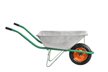 Metal wheelbarrow with green handles