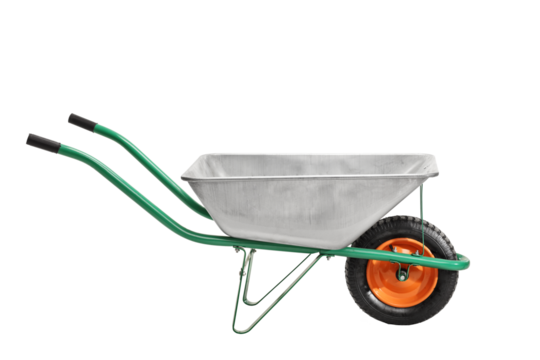 Metal wheelbarrow with green handles