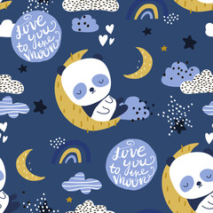 Seamless childish pattern with sleeping panda on the moon. Kids graphic texture for fabric, textile, apparel. Vector illustration