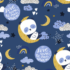Seamless childish pattern with sleeping panda on the moon. Kids graphic texture for fabric, textile, apparel. Vector illustration © solodkayamari