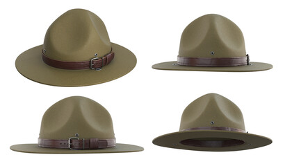 Collection Scout hat, Ranger hat, Green campaign hat with leather belt, 3d render