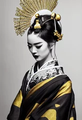 Foto op Plexiglas A young beautiful geisha in a kimono and headphones. Portrait of a beautiful geisha in a black and gold kimono. 3D rendering. © designprojects