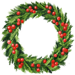 Fototapeta na wymiar Christmas wreath. Decorated wreath of green branches with red berries, watercolor illustration