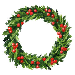 Fototapeta na wymiar Christmas wreath. Decorated wreath of green branches with red berries, watercolor illustration